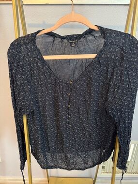Lucky Brand Navy Floral Button-Up Peasant Top